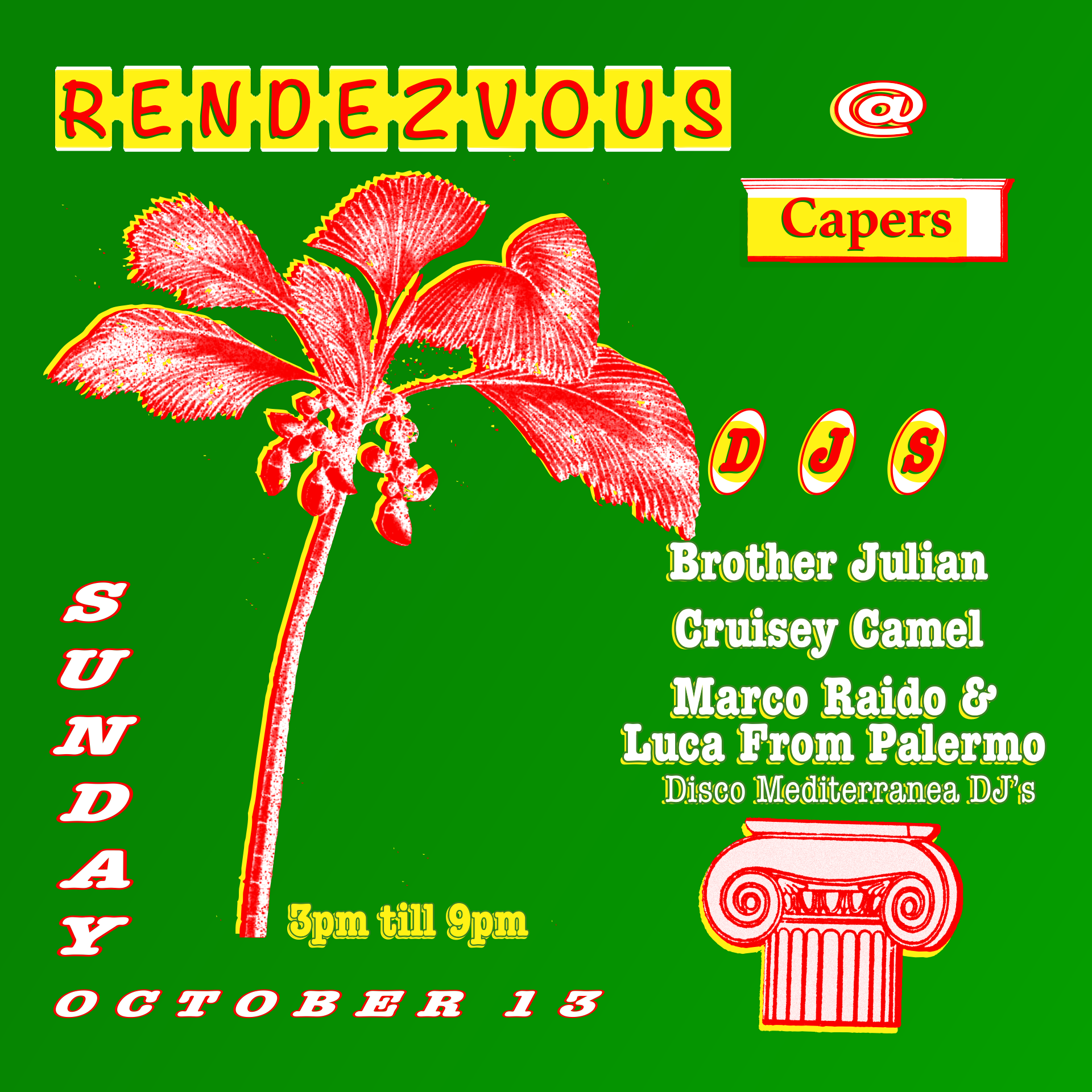 Promotional poster for Rendezvous Capers, Sunday, October 13, 2024: A bold and colorful graphic featuring dynamic typography, event details, and artistic design elements, evoking the lively atmosphere of this unique gathering.